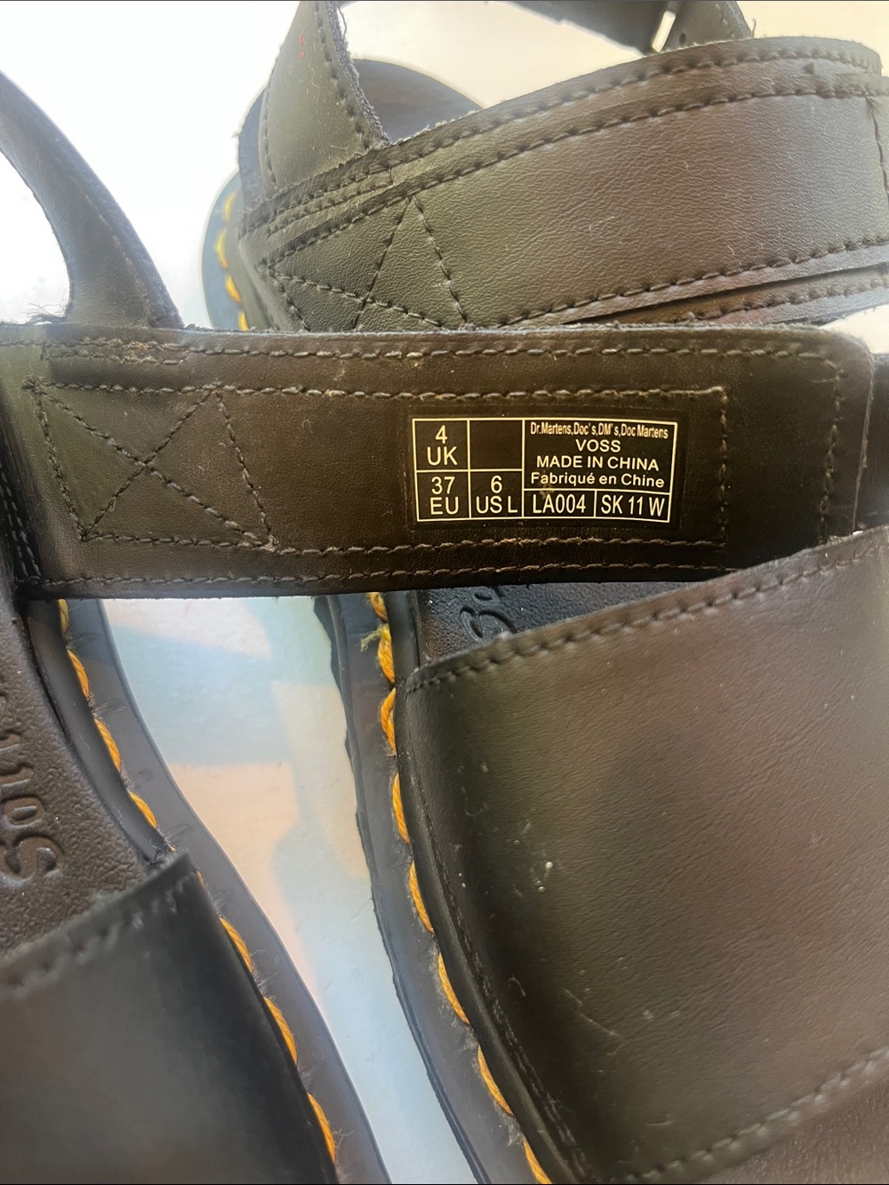 Dr. Martens Voss Black Leather Sandals with Yellow Stitching Single Strap - Picture 2 of 7